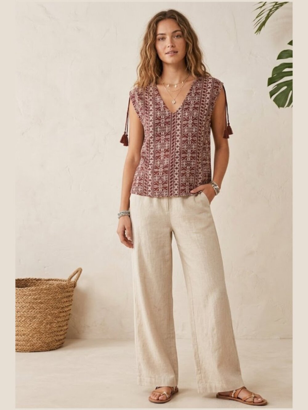 INDI & COLD Embroidered V-Neck Top Tassel Shoulder Sustainable Boho Artisan Chic